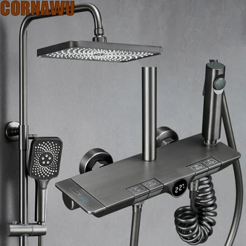 Светодиодный цифровой смеситель для душа, ванная комната, горячая холодная термостатическая система тропического душа, настенное крепление для ванны, роскошные смесители для СПА с дождевой насадкой