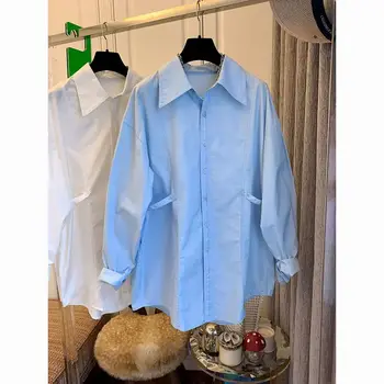 Французская рубашка с длинным рукавом, Женская Блузка, Весна 2023, Новая Корейская мода, Универсальная Простая Свободная рубашка, Топ средней Длины, Женская Одежда