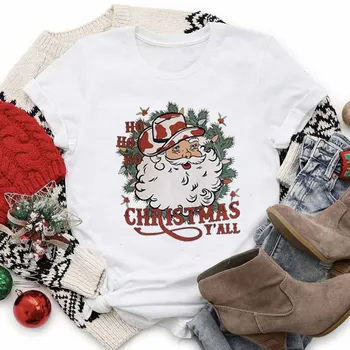 Футболка с набивным рисунком, женская мода, тренд Санта-Клауса, милая женская футболка с принтом для новогодних праздников с короткими рукавами.
