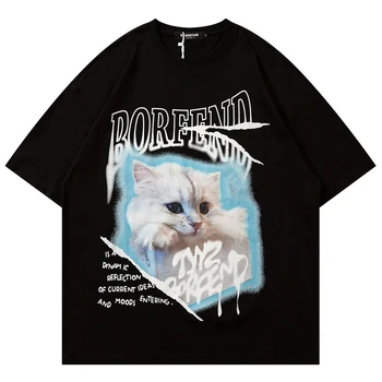 Хип-хоп Мужская Женская футболка с буквенным принтом Кота, футболка с графическим принтом, мужская уличная одежда, хлопковая свободная футболка в стиле Харадзюку с коротким рукавом
