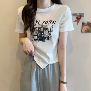Хлопковый укороченный топ с надписью Y2k, летняя женская футболка, Корейские футболки с коротким рукавом, уличная футболка, Американская ретро-футболка, одежда 2023