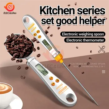 Электронные кухонные весы 2 в 1, ЖК-цифровые весы для измерения пищевой муки, Цифровая ложка, кофейные весы, мини-термометр, кухонные весы для инструментов